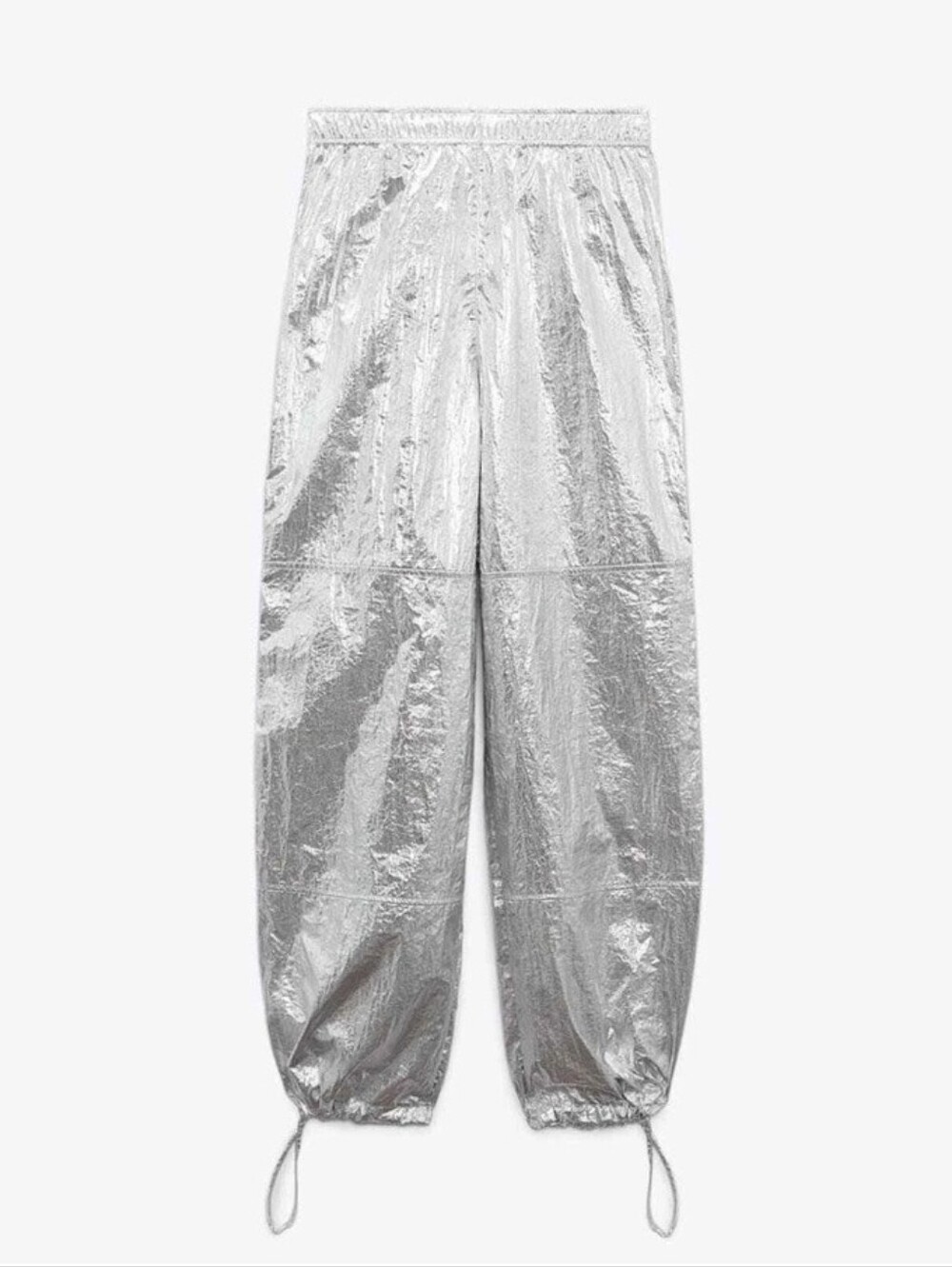 ZARA WOMAN MID RISE METALLIC PARACHUTE TROUSERS PANT SILVER Small - Picture 3 of 9